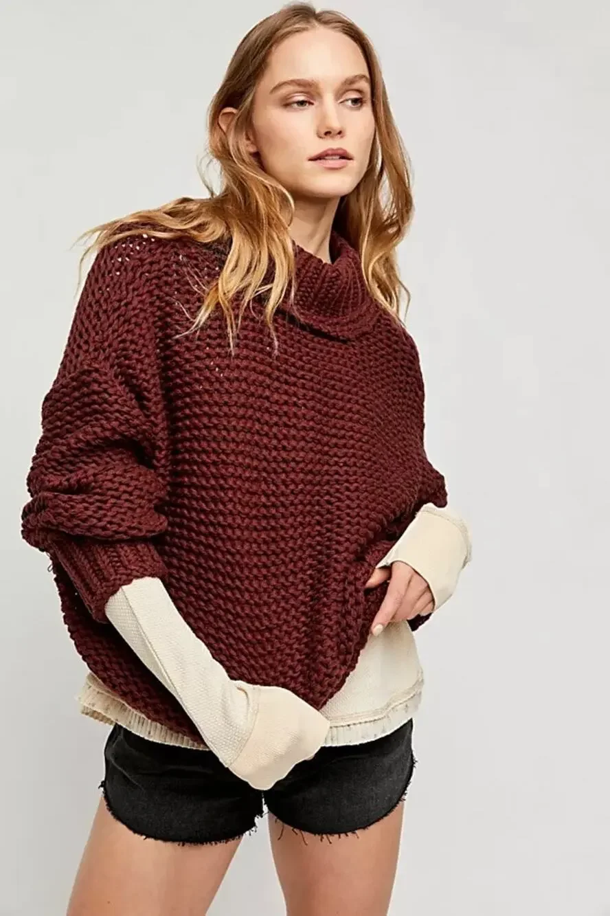 FREE PEOPLE | My Only Sunshine Burgundy Lose Knit Slouchy Sweater Mock Neck
